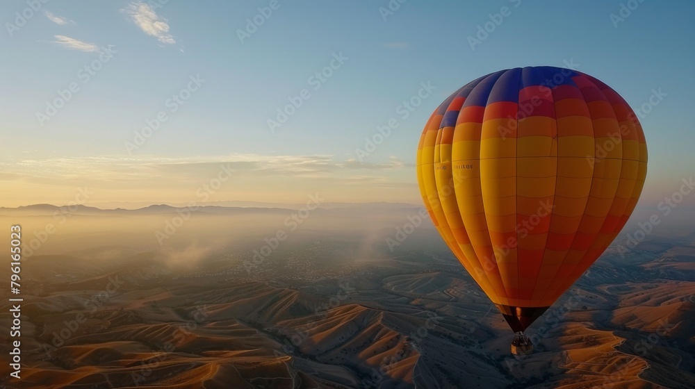 A hot air balloon ascending into the early morning sky, its colorful envelope glowing in the dawn light as it carries passengers on a tranquil journey above the earth. A hot air balloon ascending into the early morning sky, its colorful envelope glowing in the dawn light as it carries passengers on a tranquil journey above the earth.