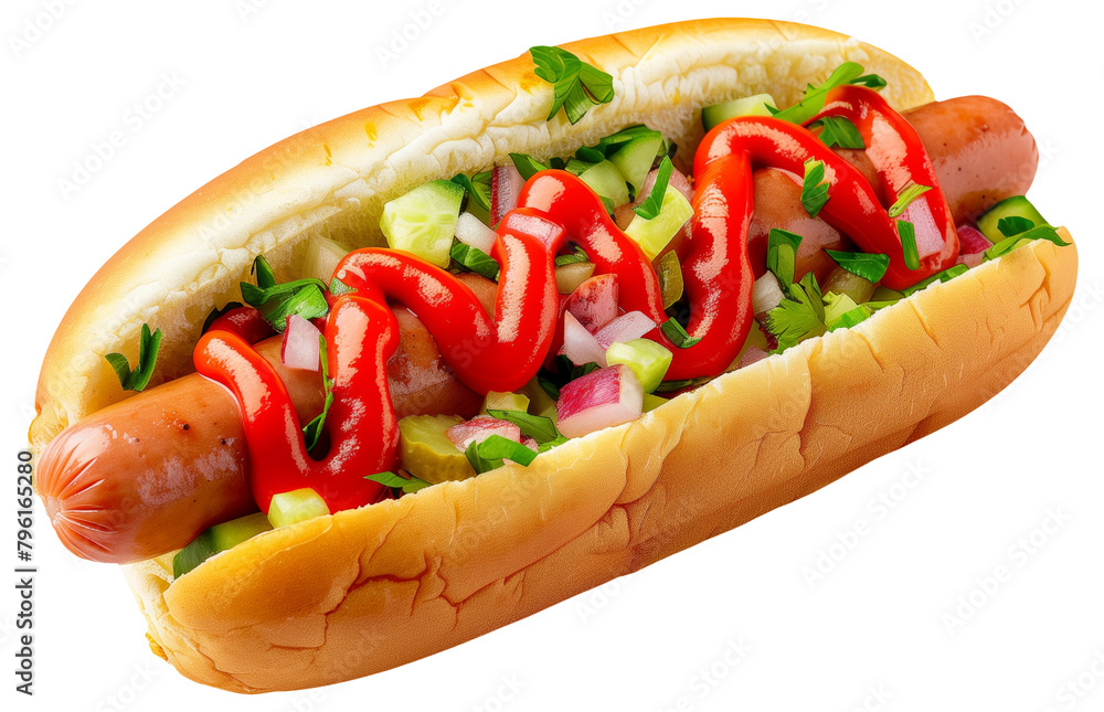 Delicious hot dog topped with ketchup, herbs, pickles, and onions on a . Delicious hot dog topped with ketchup, herbs, pickles, and onions on a .