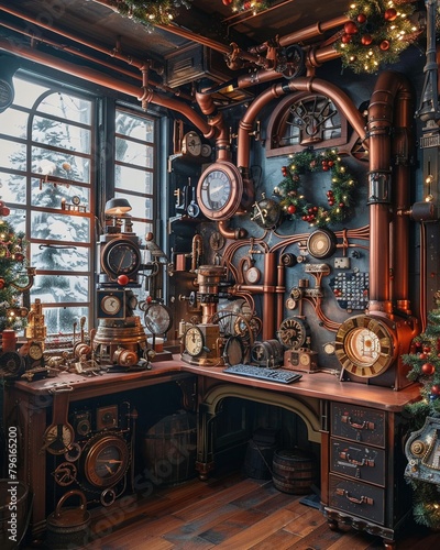 Whimsical inventors studio adorned with copper pipes and Victorianstyle decorations, where automatons assemble festive gadgets , Pop art style photo