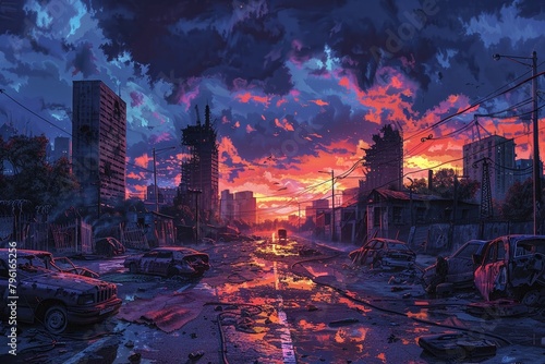 Apocalyptic cityscape with deserted streets, overturned cars, and distant fires, under a stormy sky setting the scene for a zombie invasion , graffiti street art style photo