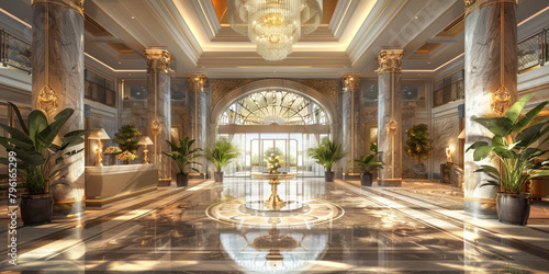 Luxurious Hotel Lobby: Elegant Marble Floors, Opulent Chandeliers, and Lush Greenery Adorning the Ambiance of Exclusivity and Grandeur © ralf