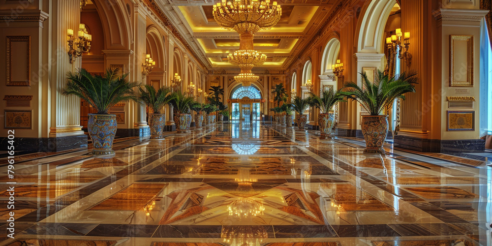 Obraz premium Luxurious Hotel Lobby: Elegant Marble Floors, Opulent Chandeliers, and Lush Greenery Adorning the Ambiance of Exclusivity and Grandeur