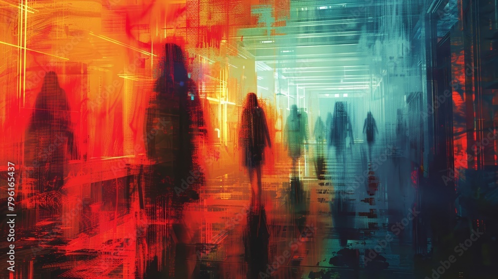 Eerie encounter in a tech lab where augmented reality ghosts break free from their programming, causing chilling visual anomalies , Pop art style Eerie encounter in a tech lab where augmented reality ghosts break free from their programming, causing chilling visual anomalies , Pop art style