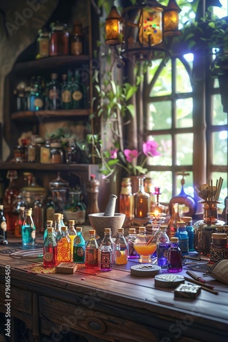 Detailed view of a witchs worktable in a kitchen, featuring vials of colorful potions, mortar and pestle, and ancient runes for spellcasting , hyper realistic