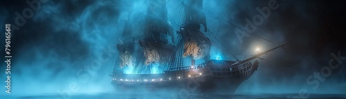 Ghostly pirate ship emerging from dense fog at night, with tattered sails and eerie blue lights illuminating the deck , 3DCG