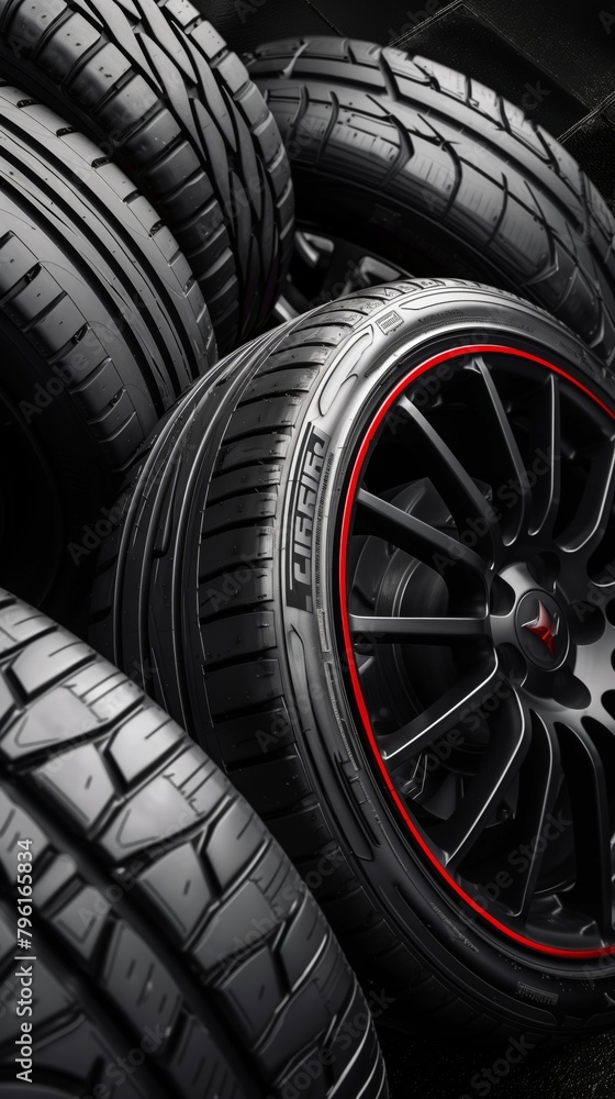 Close-up of car tires stacked with focus on a tire with a red-rimmed wheel in a dark setting. Close-up of car tires stacked with focus on a tire with a red-rimmed wheel in a dark setting.