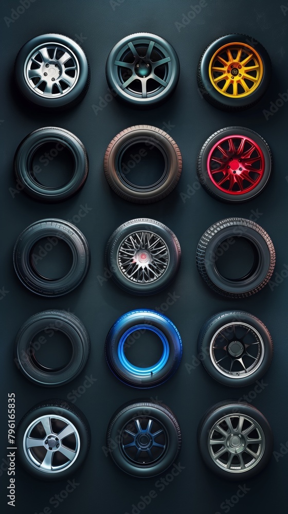 A collection of various car tires and rims displayed in rows on a dark background. A collection of various car tires and rims displayed in rows on a dark background.