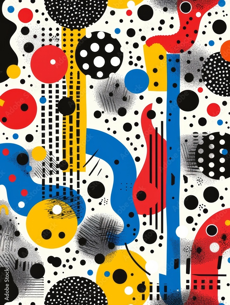 An abstract design with vibrant stripes, dots, and optical illusions is both engaging and playful An abstract design with vibrant stripes, dots, and optical illusions is both engaging and playful
