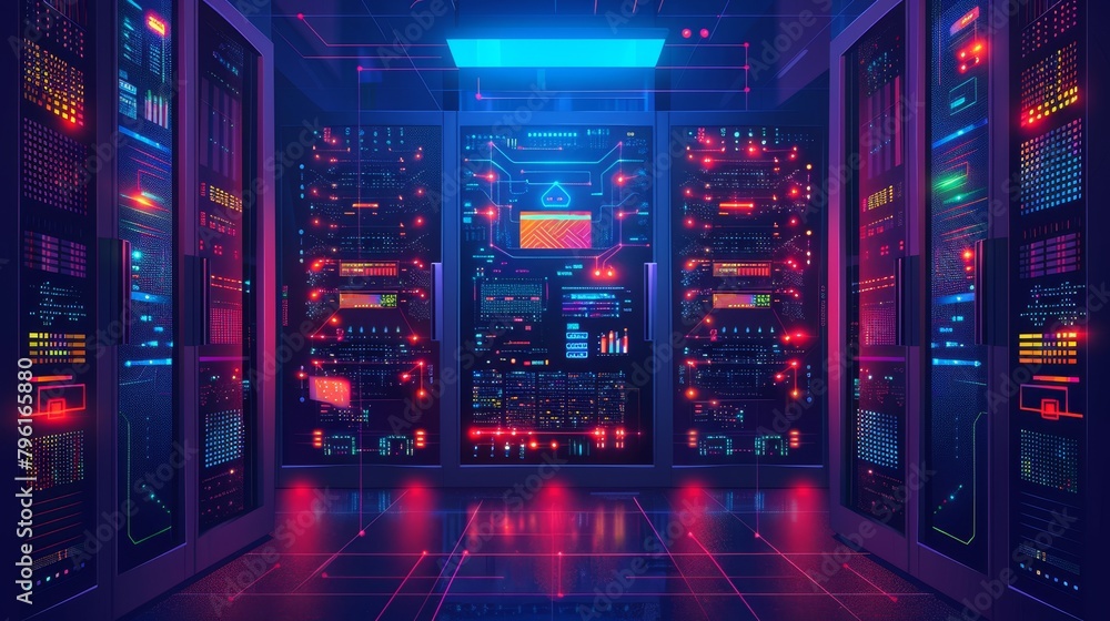 Internet Infrastructure: A vector illustration of a data center with servers and storage systems