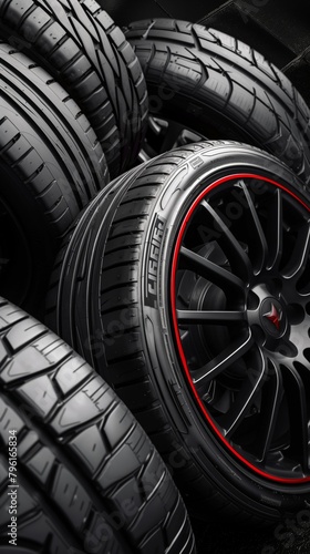 Close-up of car tires stacked with focus on a tire with a red-rimmed wheel in a dark setting.