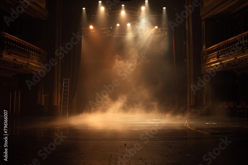 Silent artistry of an empty stage, set with complex lighting design casting an ethereal glow 