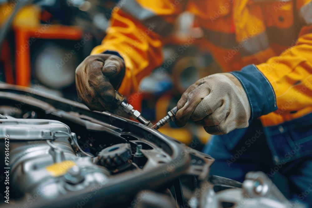 Auto mechanic repairing car engine in auto repair shop. Car service and maintenance concept Auto mechanic repairing car engine in auto repair shop. Car service and maintenance concept
