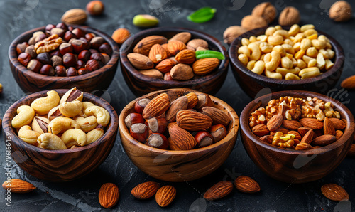 Wooden Bowls Brimming with Assorted Mixed Nuts - Almonds, Pistachios, Walnuts, Cashews, Hazelnuts on Rustic Stone Table | Overhead Nutty Delight photo