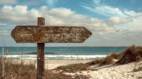 A rustic wooden sign pointing towards the beach  weathered by the sun and salt air