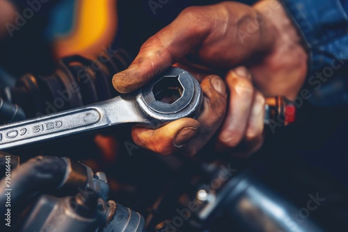 Auto mechanic repairing car engine in auto repair shop. Car service and maintenance concept