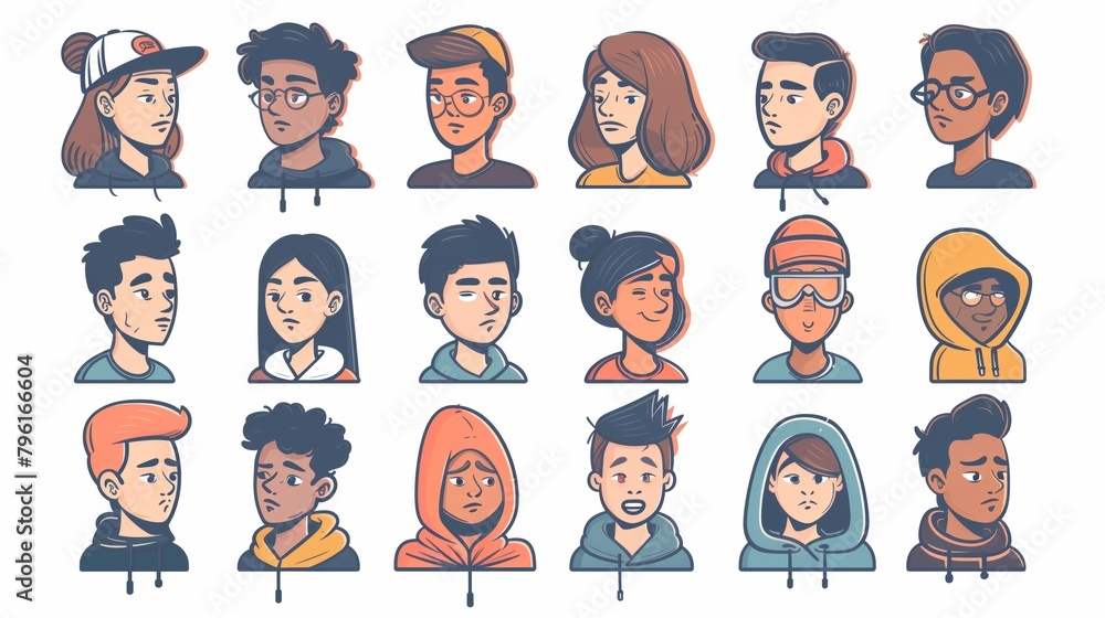 Collection of various stylized character headshots with diverse hairstyles and expressions Collection of various stylized character headshots with diverse hairstyles and expressions