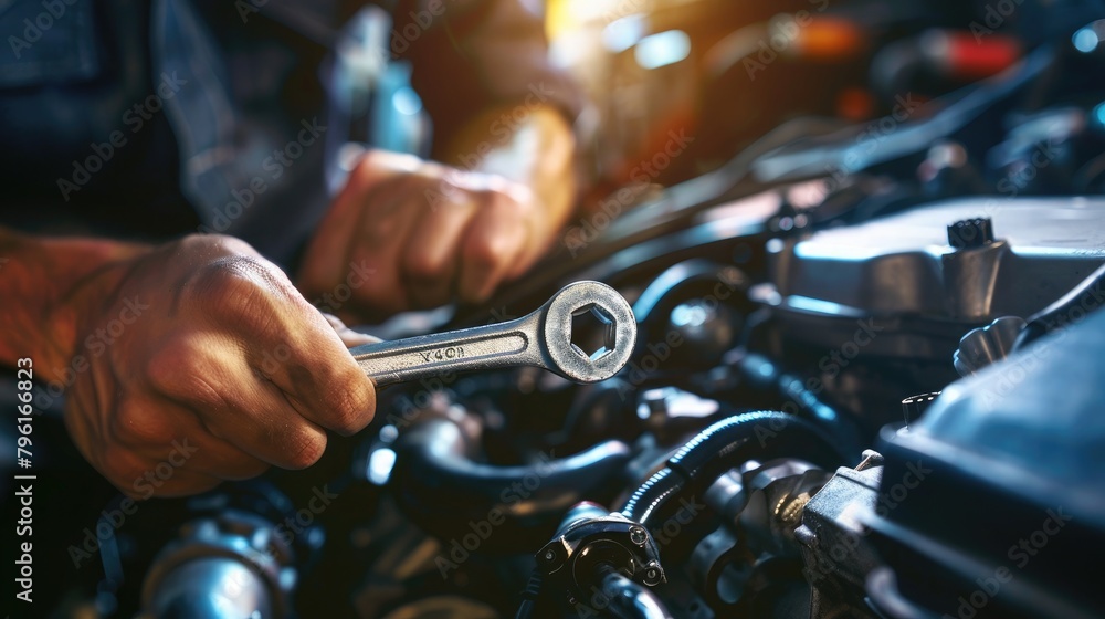 Auto mechanic repairing car engine in auto repair shop. Car service and maintenance concept Auto mechanic repairing car engine in auto repair shop. Car service and maintenance concept