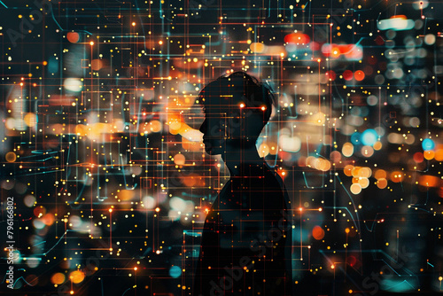 silhouette of a person set against a futuristic digital cityscape  depicted in double exposure The city is a network of glowing lines and data streams  blending with the human