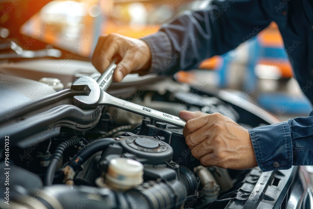 Auto mechanic repairing car engine in auto repair shop. Car service and maintenance concept Auto mechanic repairing car engine in auto repair shop. Car service and maintenance concept