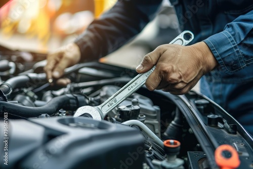 Auto mechanic repairing car engine in auto repair shop. Car service and maintenance concept