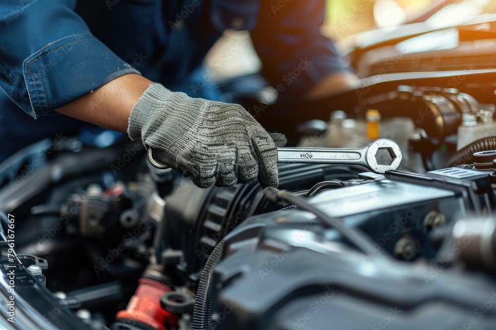 Auto mechanic repairing car engine in auto repair shop. Car service and maintenance concept Auto mechanic repairing car engine in auto repair shop. Car service and maintenance concept