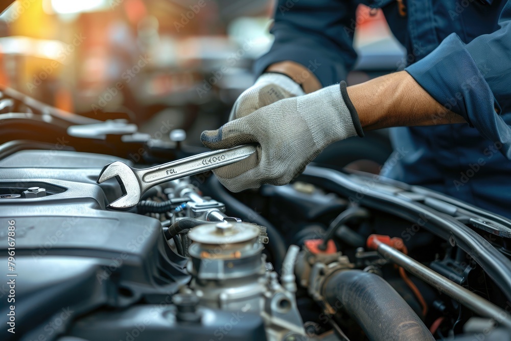 Auto mechanic repairing car engine in auto repair shop. Car service and maintenance concept Auto mechanic repairing car engine in auto repair shop. Car service and maintenance concept