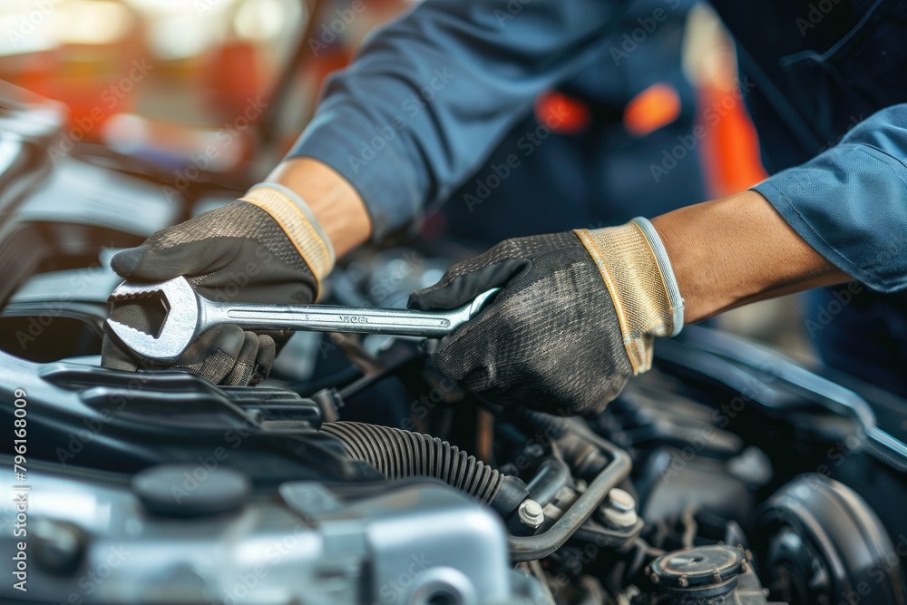 Auto mechanic repairing car engine in auto repair shop. Car service and maintenance concept Auto mechanic repairing car engine in auto repair shop. Car service and maintenance concept