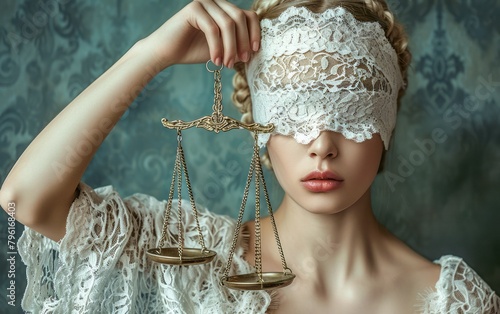 Themis, goddess of justice holding scales and wearing a blindfold. The woman wears a white lace blindfold. Vintage style. photo