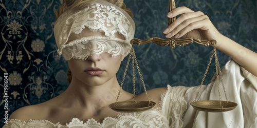 Themis, goddess of justice holding scales and wearing a blindfold. The woman wears a white lace blindfold. Vintage style. photo