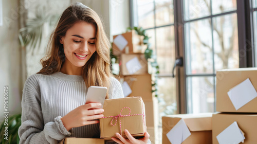 Young smiling woman, using smartphone holding package for logistics, startup inventory and small business or courier. Seller takes online orders, digital technology and e commerce order with boxes
