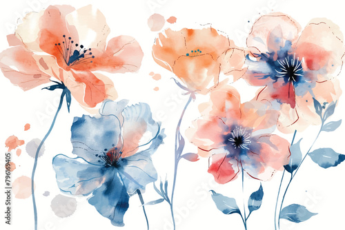 A collection of soft watercolor blooms, kissed with peach and blue, rests on a serene white background.