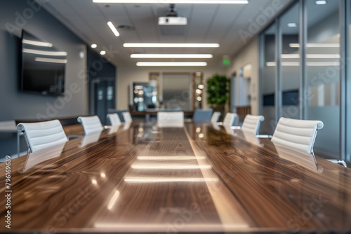 Sleek and Modern Conference Room with Long Wooden Table  White Chairs  and Projector on the Ceiling. Minimalist Design in Professional Workspace Setting.