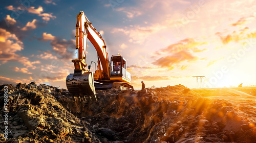 A large yellow excavator is in the dirt, with the sun setting in the background. Concept of hard work and determination, as the machine digs through the earth to complete its task photo