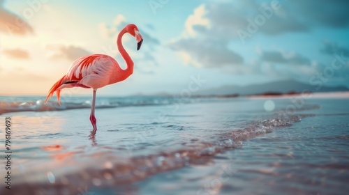 A vibrant pink flamingo stands serenely in shallow water on a beach at sunset.