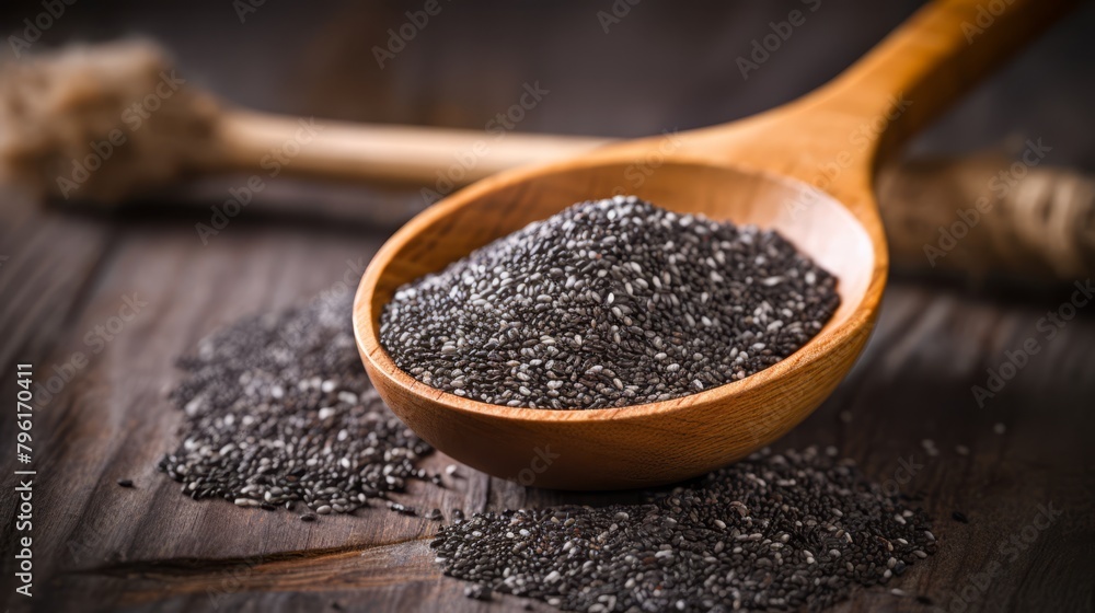 Organic chia seeds in a wooden spoon, close-up, superfood concept on rustic background, Organic chia seeds in a wooden spoon, close-up, superfood concept on rustic background,