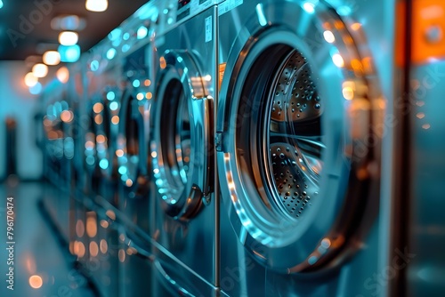 Modern launderette with efficient washing machines for convenient laundry experience. Concept Laundromat services, High-tech machines, Convenient cleaning, Modern facilities, Time-saving features photo