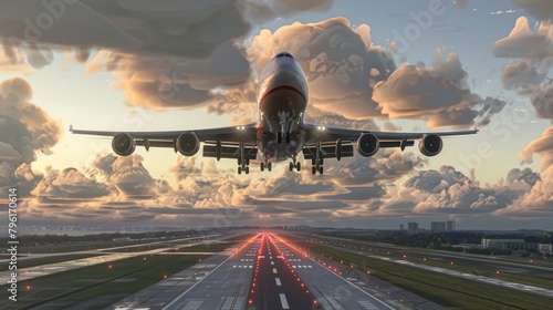 A majestic jumbo jet descending towards the runway, its landing gear deployed as it prepares for a smooth touchdown amidst the anticipation of arrival. photo