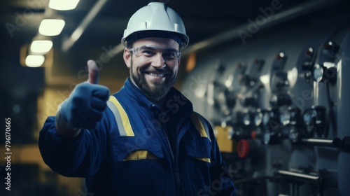 Image of a worker giving a thumbs up after successfully conducting maintenance on a critical machine component,