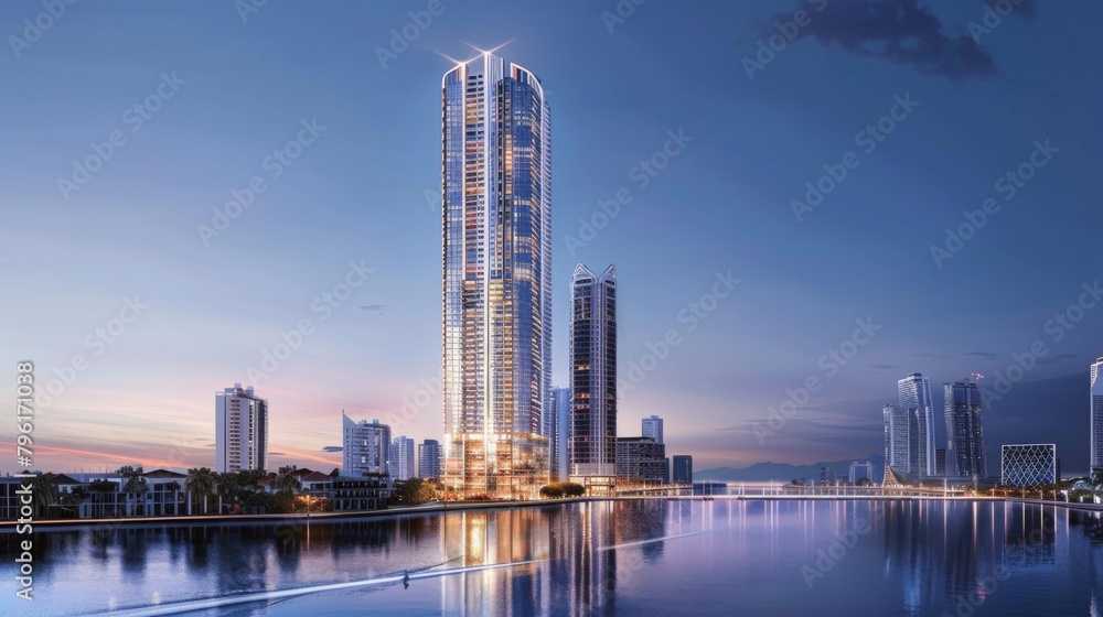 A majestic riverfront skyscraper shining brightly amidst the city lights, casting a captivating glow on the water below.