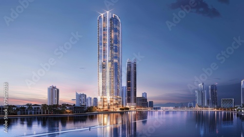 A majestic riverfront skyscraper shining brightly amidst the city lights, casting a captivating glow on the water below. photo