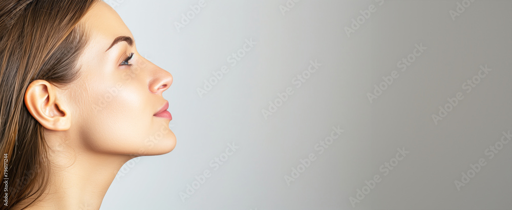 A woman with a long neck with fresh clean skin. She has a very nice smile. Woman profile portrait with perfect fresh clean skin A woman with a long neck with fresh clean skin. She has a very nice smile. Woman profile portrait with perfect fresh clean skin