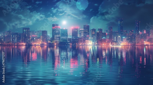 A majestic riverfront skyscraper shining brightly amidst the city lights  casting a captivating glow on the water below.