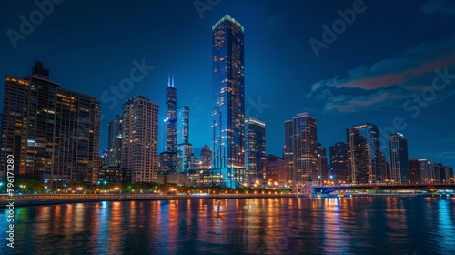 A majestic riverfront skyscraper shining brightly amidst the city lights  casting a captivating glow on the water below.