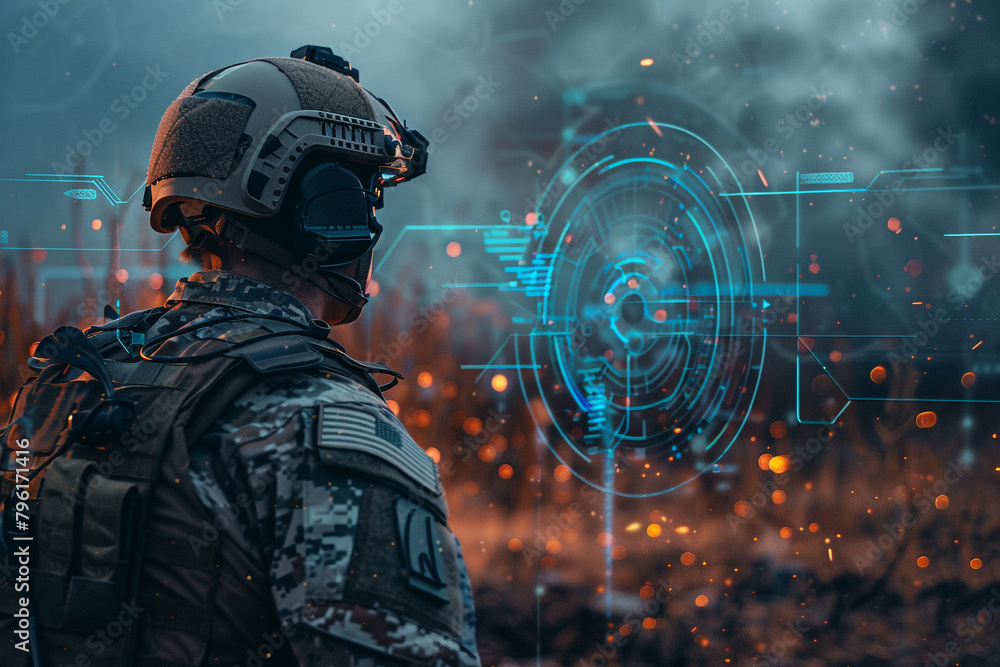 soldier with tactical military HUD and battlefield scenarios soldier with tactical military HUD and battlefield scenarios