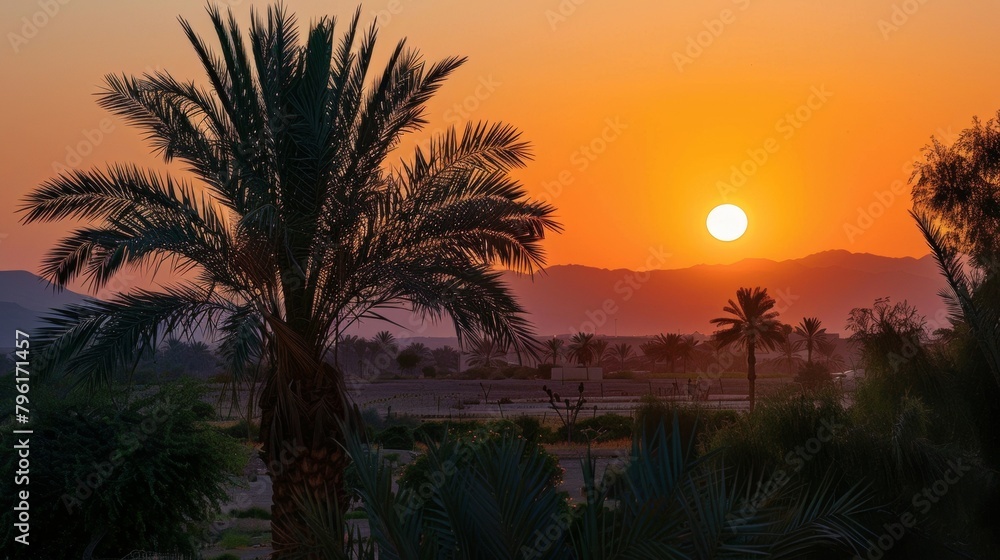 As the sun sets over the desert the only sounds heard are the gentle rustling of palm leaves and the soothing chirping of crickets. 2d flat cartoon.