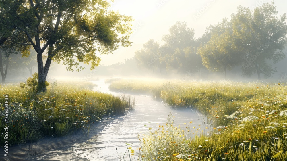 A river runs through a field of grass and trees A river runs through a field of grass and trees