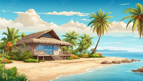Modern tropical bungalow Illustration with a thatched roof on the beach with palm trees by the sea. Rent accommodation on a trip  a secluded vacation in a separate bungalow