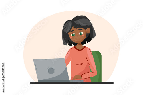 Woman with laptop, online education or online working concept. Vector illustration in flat style.