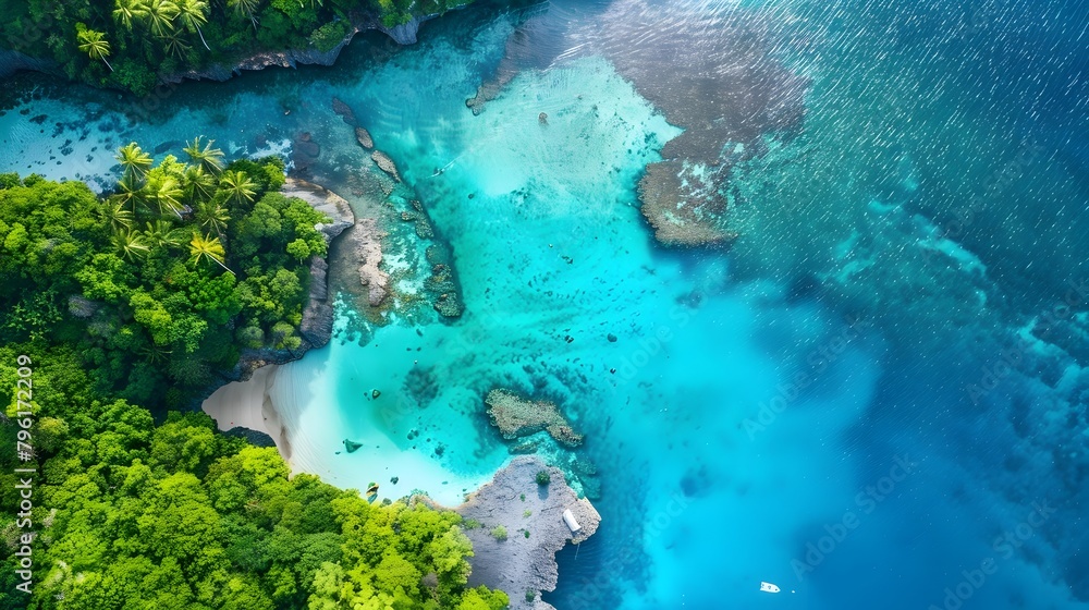 Aerial View of Lush Tropical Coastline with Turquoise Lagoon and Palm Trees