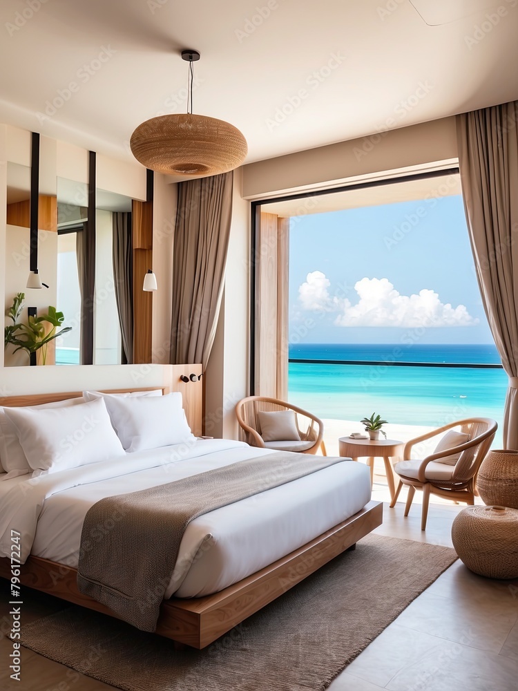 Fototapeta premium The interior of the hotel room with a view of the ocean for a beach holiday and travel